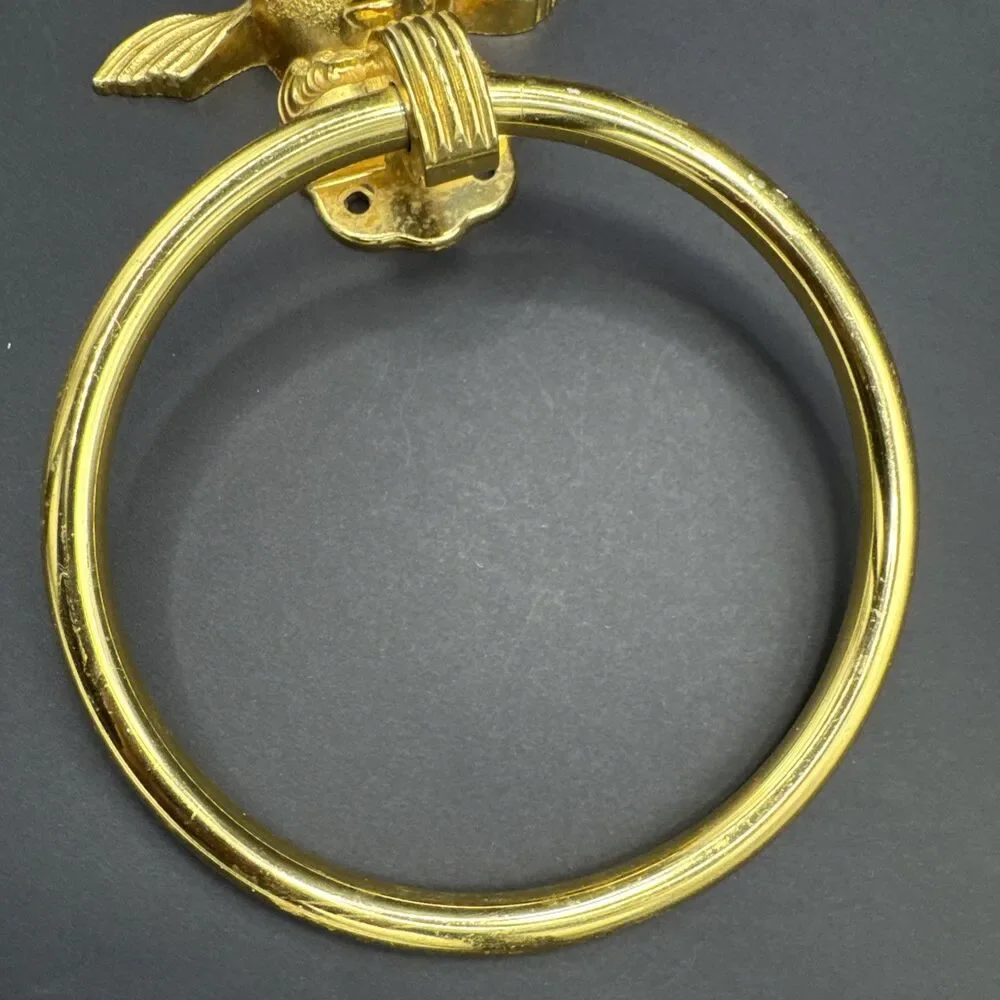 Vtg Koi Fish Bathroom Towel Ring Metal Gold or Brass Tone Rack Wall Holder MCM